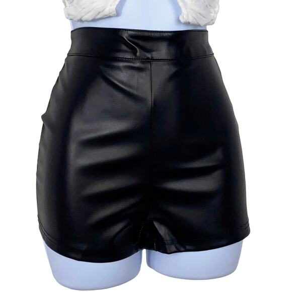 New Small Midnight Maven High‎ Rise Vegan Leather Shorts Black Pleather PU Mini - Picture 1 of 3